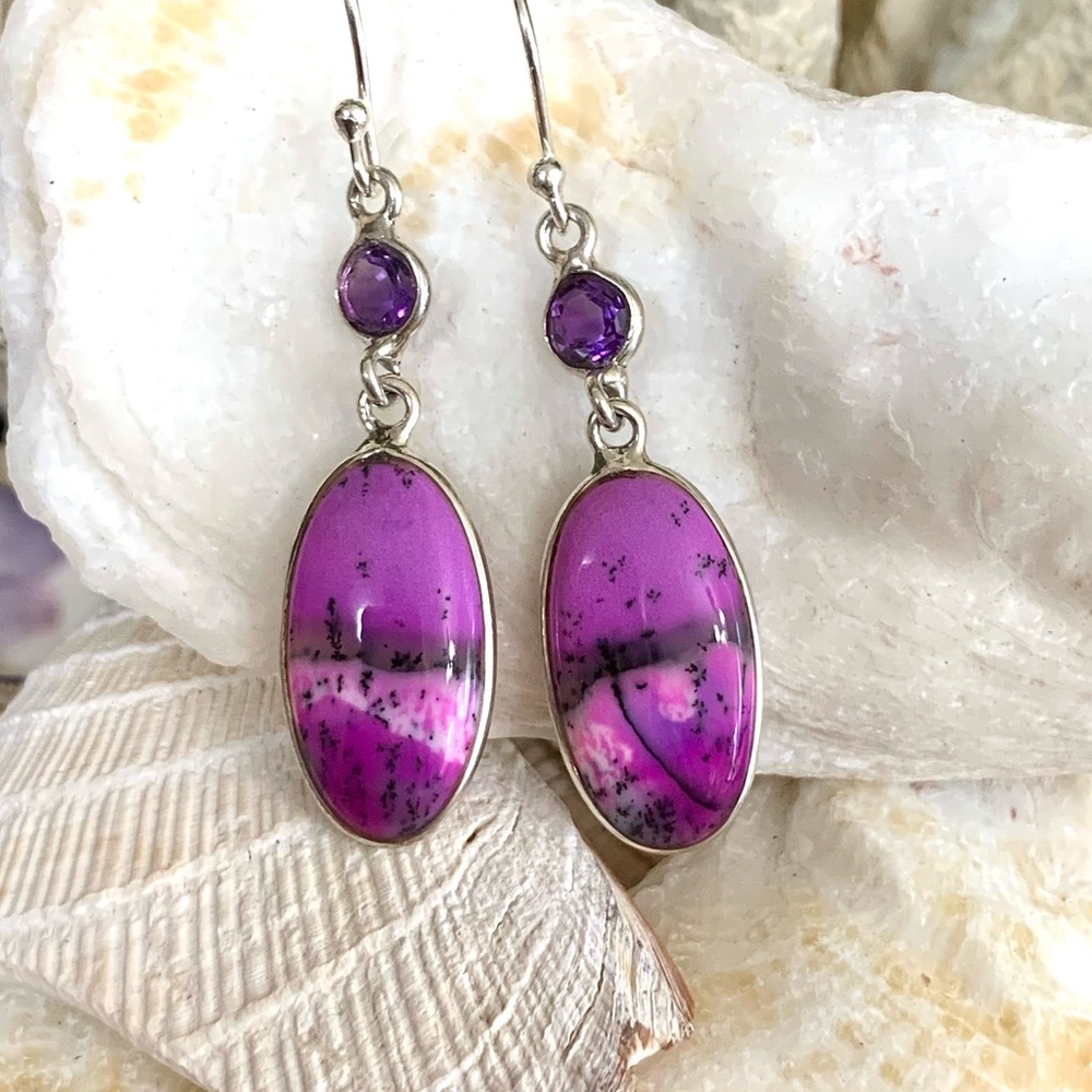 Purple Beach Sunset Scenic Dendritic Opal Sterling Silver Earrings